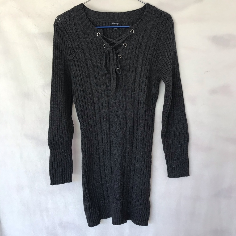 Rhapsody Charcoal Gray Lace Up Thick Ribbed Knit Sweater Mini Dress Grey Acrylic